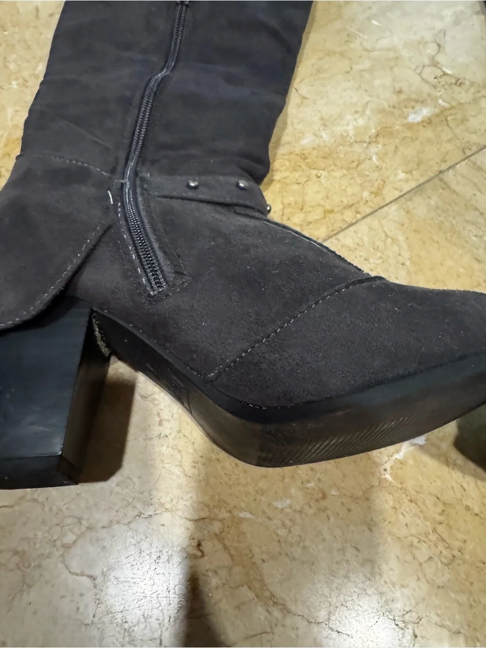 Black Suede Knee-High Block Heel Boots - Women's